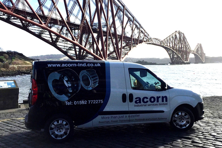 Fife Branch delivery van in front of Forth Road bridge