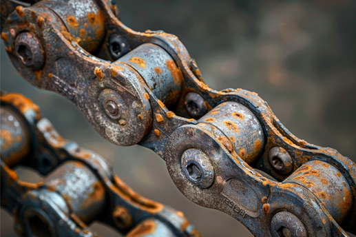 Incorrectly lubricated Industrial chain showing rust