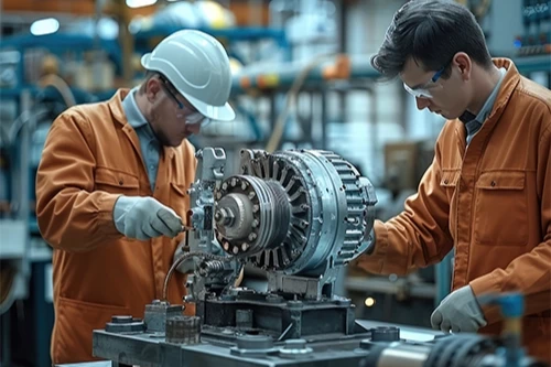 Two men maintaining a motor