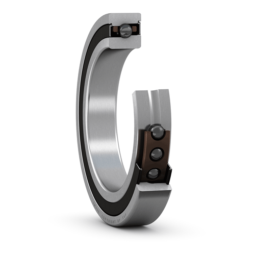 A precision angular contact bearing with cutaway showing ceramic ball bearings and cage design