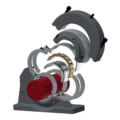 Angled split pillow block housing showing exploded view of bearing and cartridge